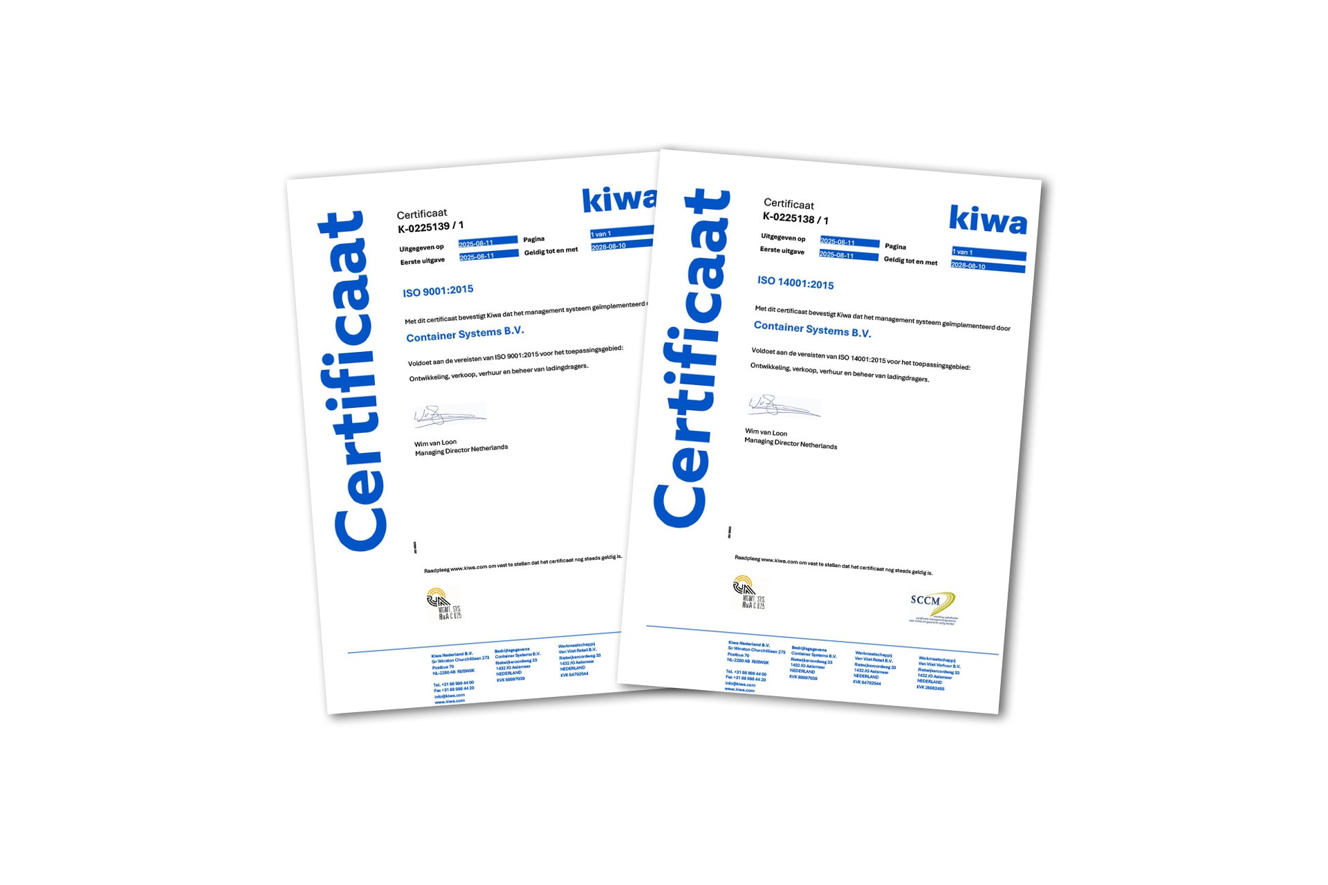 Van Vliet Containers officieel ISO 9001 en ISO 14001 gecertificeerd